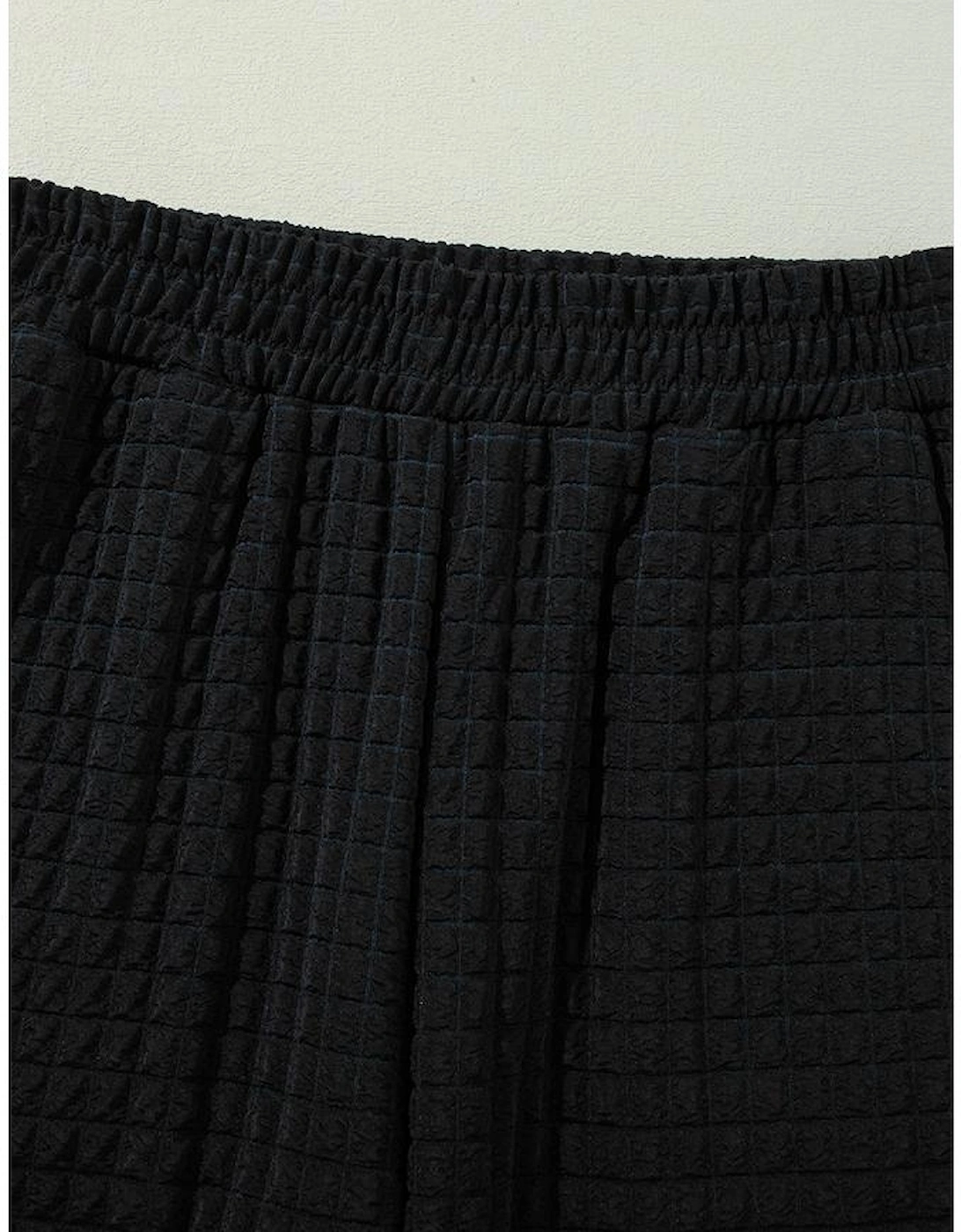 Color black Textured Knit Cap Sleeve T Shirt and Wide Leg Pants Set