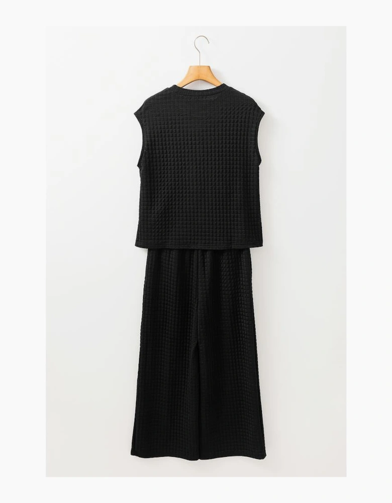 Color black Textured Knit Cap Sleeve T Shirt and Wide Leg Pants Set