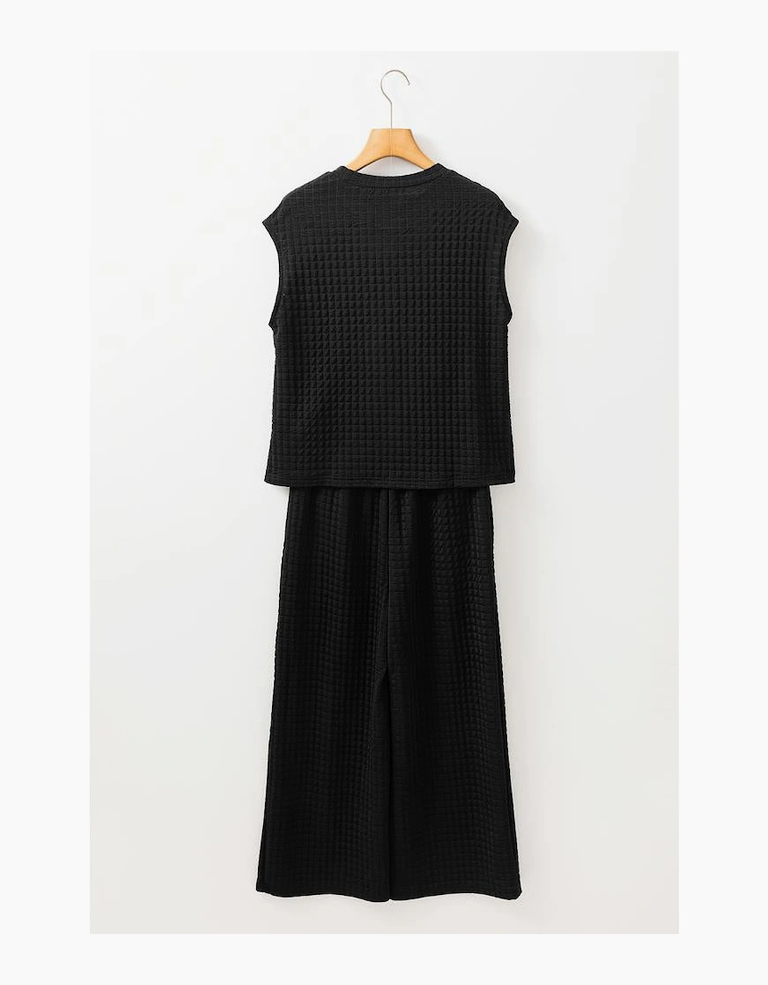 Color black Textured Knit Cap Sleeve T Shirt and Wide Leg Pants Set