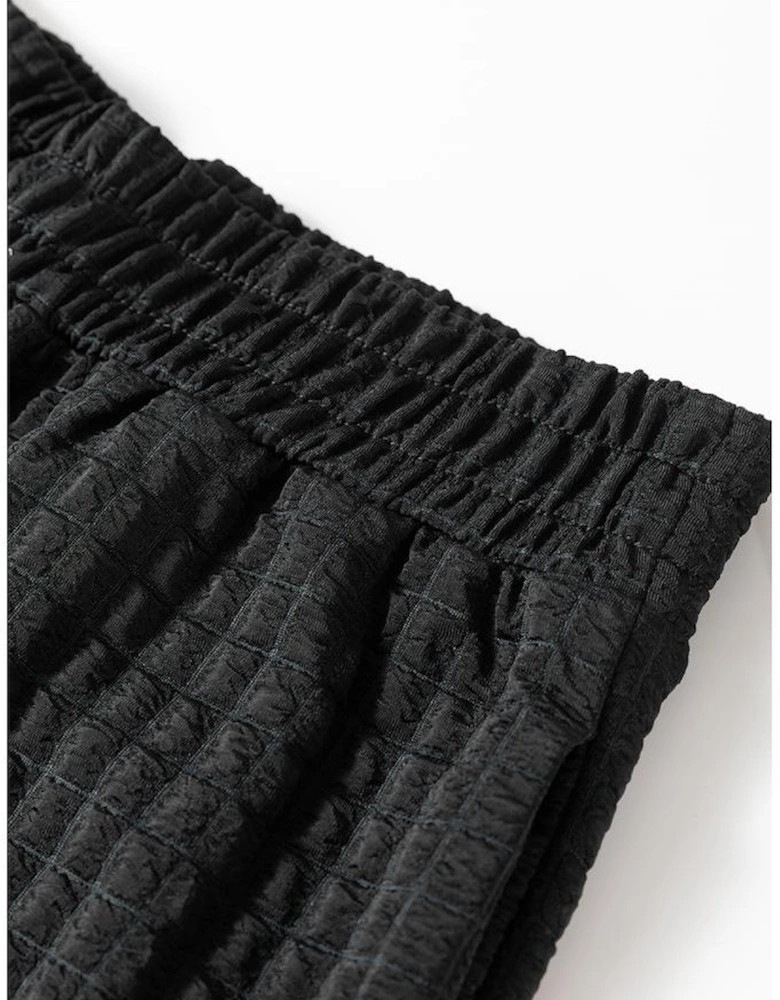 Color black Textured Knit Cap Sleeve T Shirt and Wide Leg Pants Set