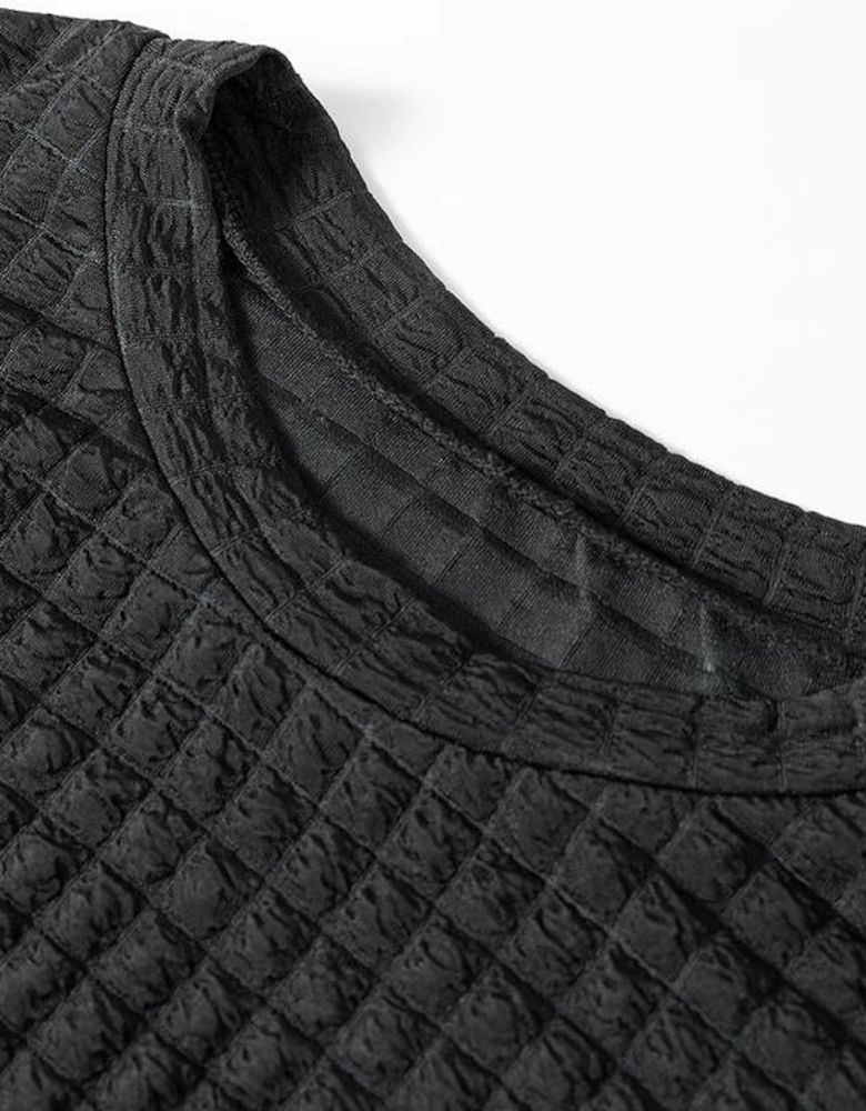 Color black Textured Knit Cap Sleeve T Shirt and Wide Leg Pants Set