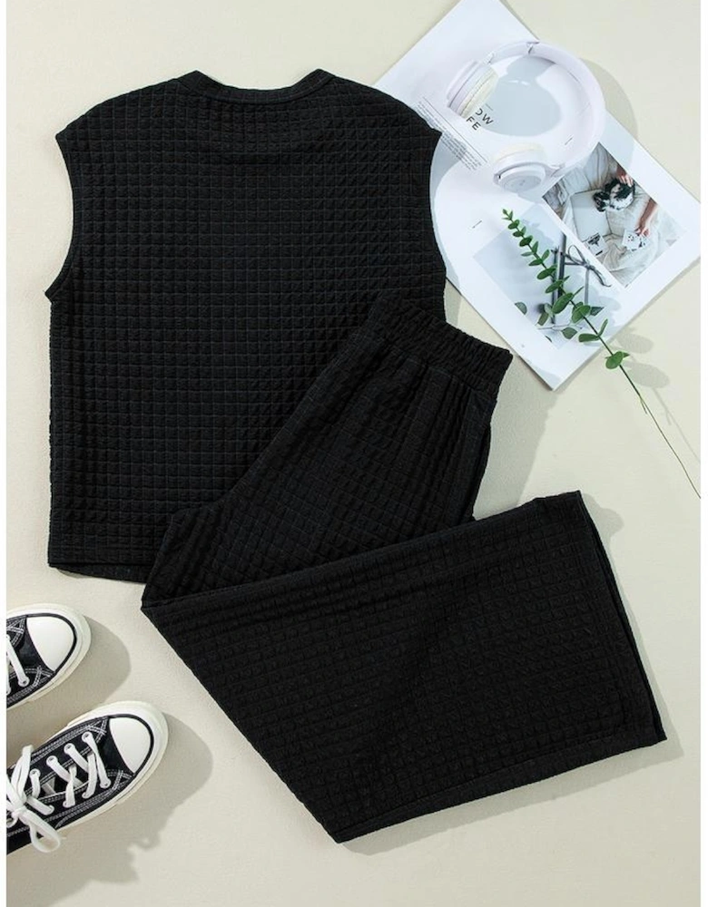 Color black Textured Knit Cap Sleeve T Shirt and Wide Leg Pants Set