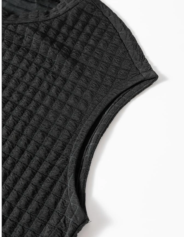 Color black Textured Knit Cap Sleeve T Shirt and Wide Leg Pants Set