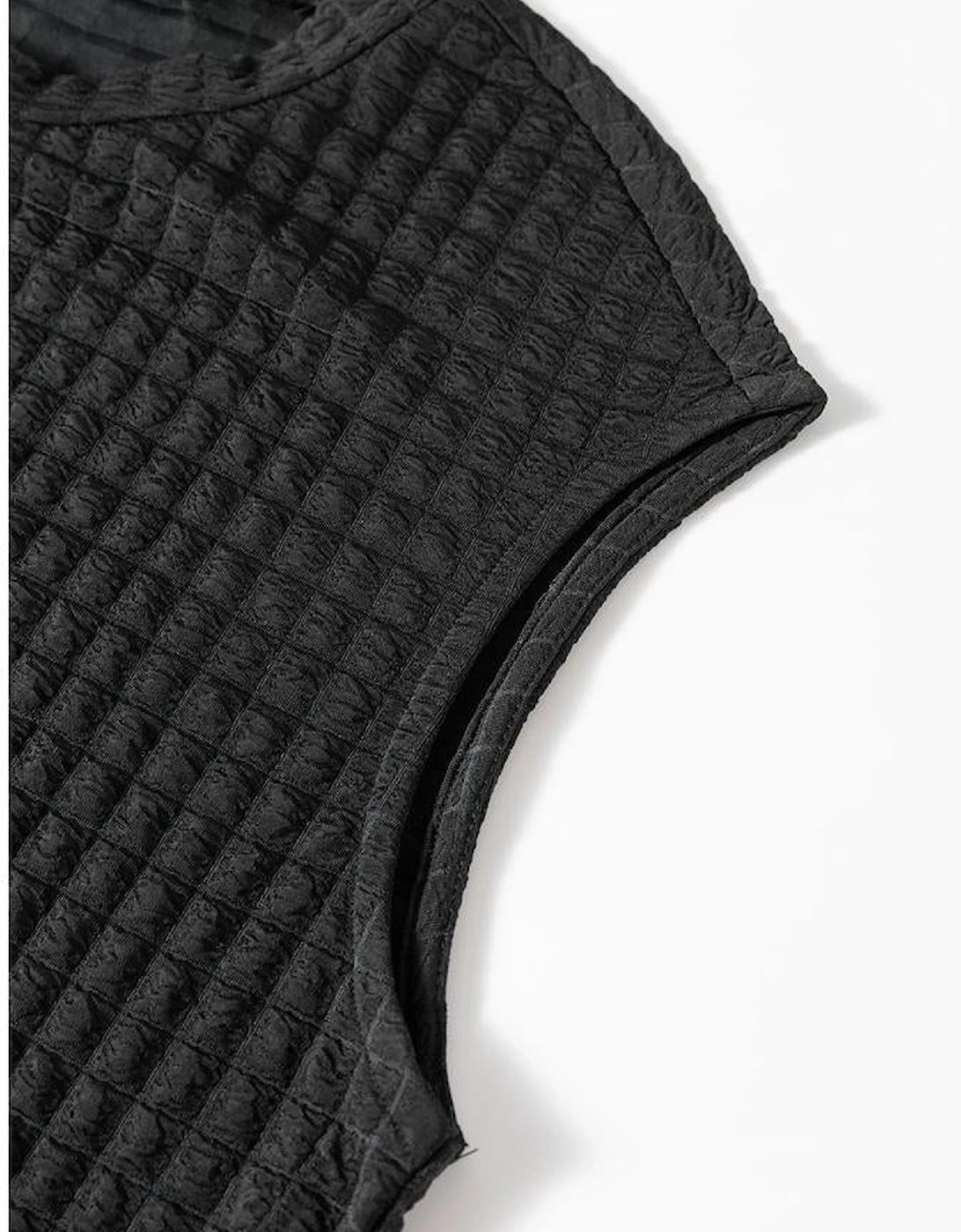 Color black Textured Knit Cap Sleeve T Shirt and Wide Leg Pants Set