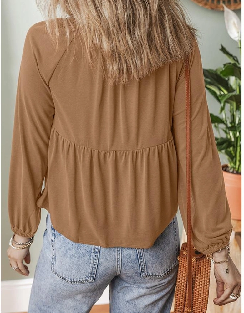 Cinnamon Smocked Bust Buttoned Split V Neck Flow Fit Blouse