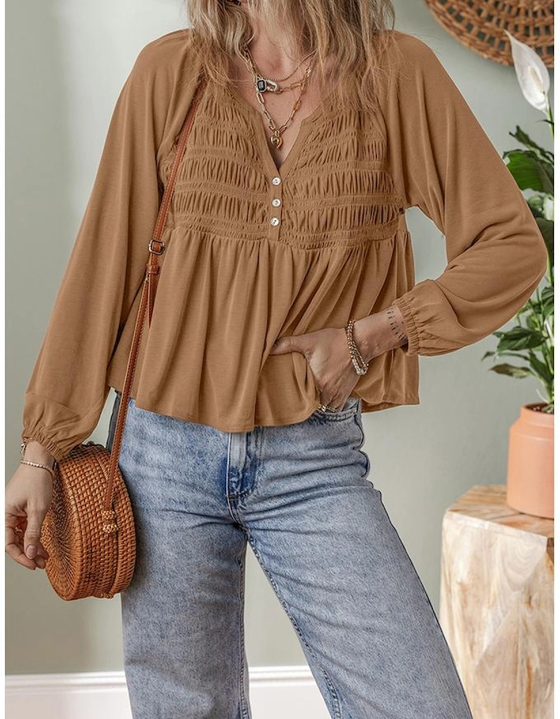 Cinnamon Smocked Bust Buttoned Split V Neck Flow Fit Blouse