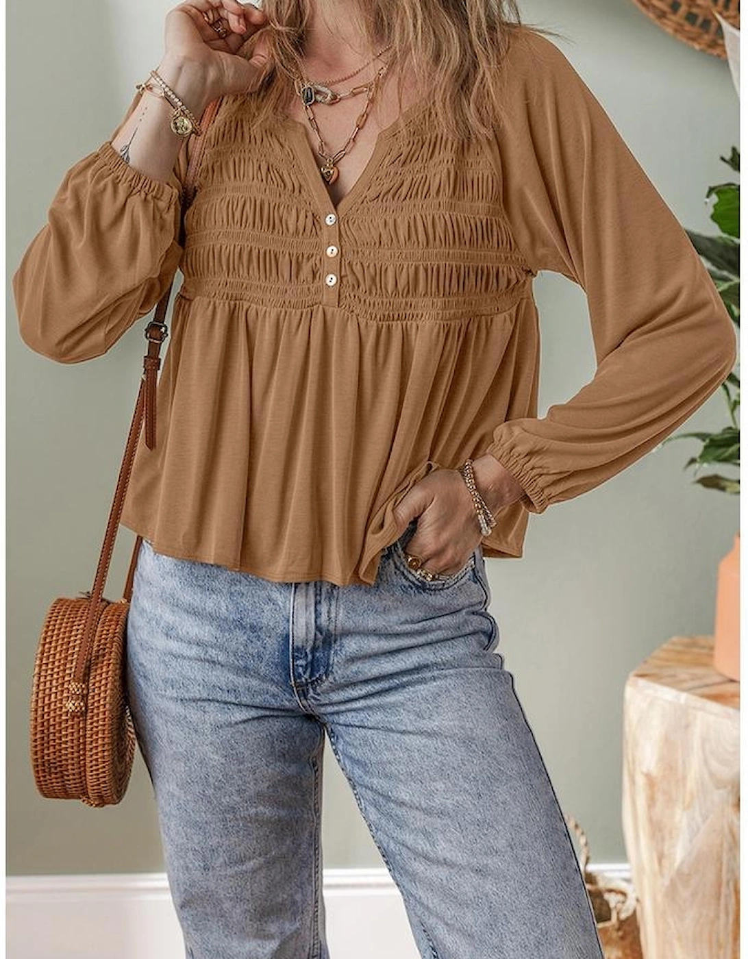 Cinnamon Smocked Bust Buttoned Split V Neck Flow Fit Blouse