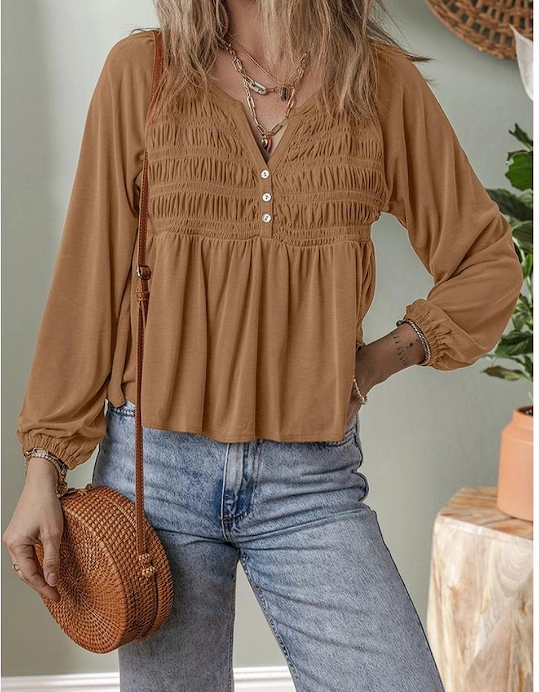 Cinnamon Smocked Bust Buttoned Split V Neck Flow Fit Blouse