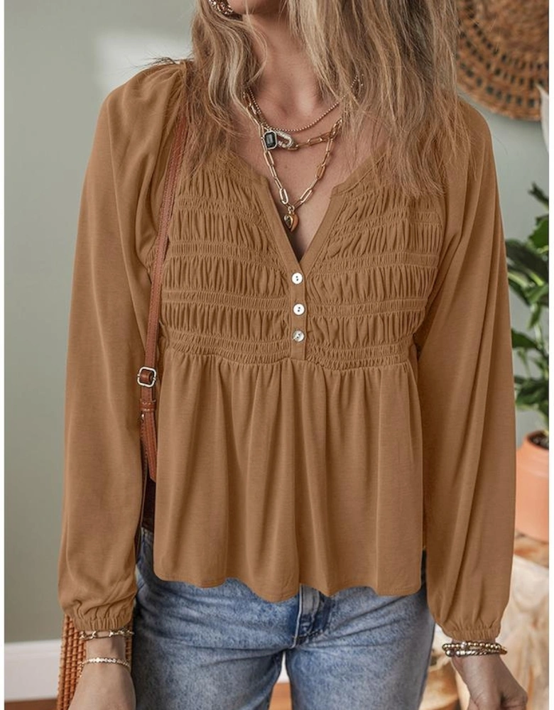 Cinnamon Smocked Bust Buttoned Split V Neck Flow Fit Blouse
