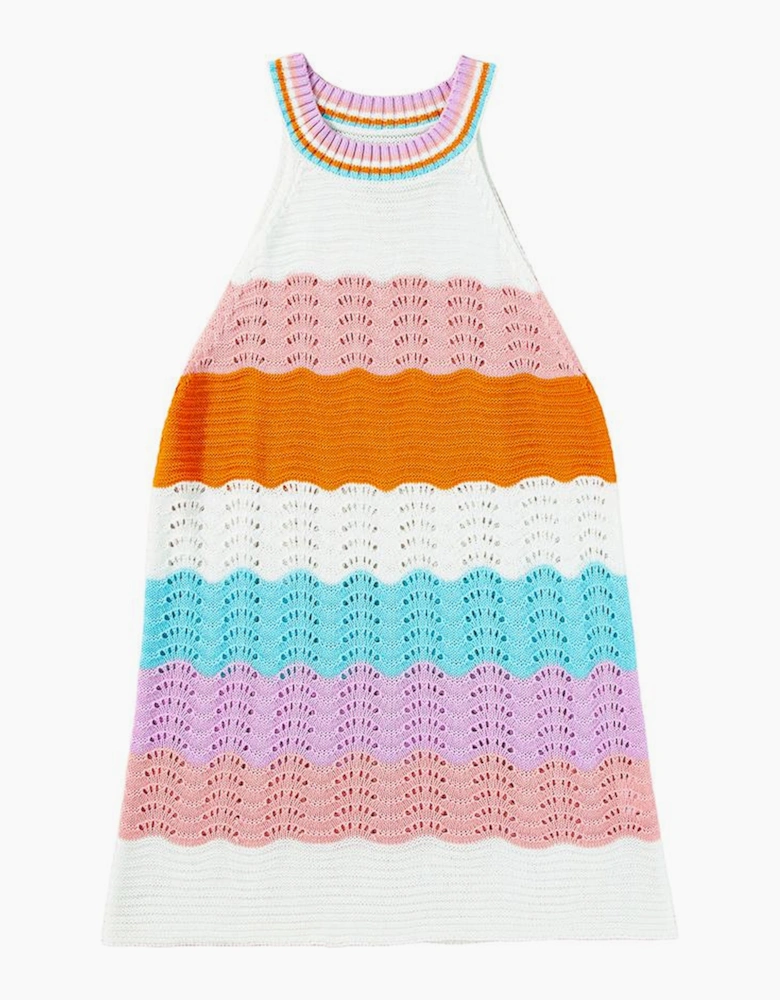 Multicolour Wavy Striped Print Textured Knit Sleeveless Sweater Top