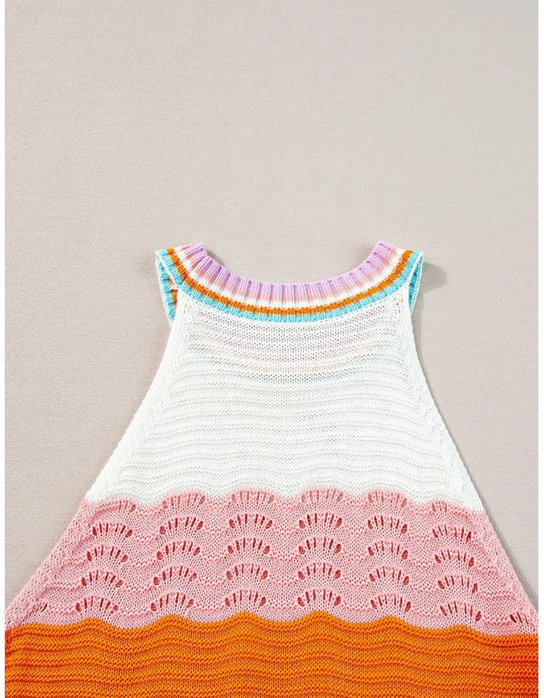 Multicolour Wavy Striped Print Textured Knit Sleeveless Sweater Top