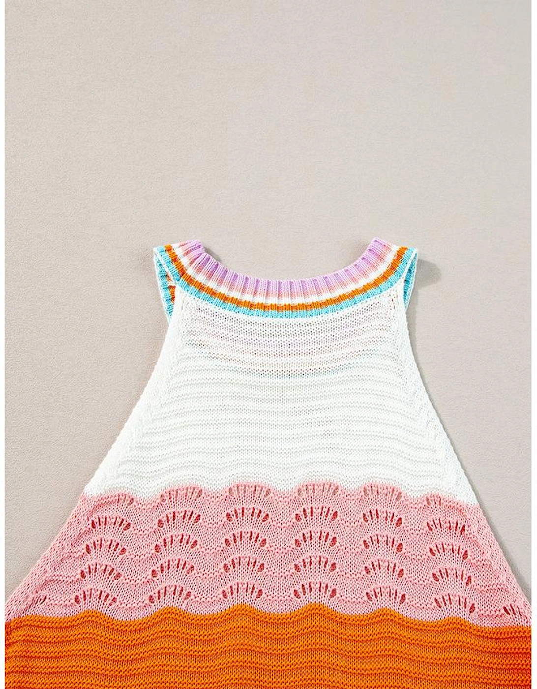 Multicolour Wavy Striped Print Textured Knit Sleeveless Sweater Top