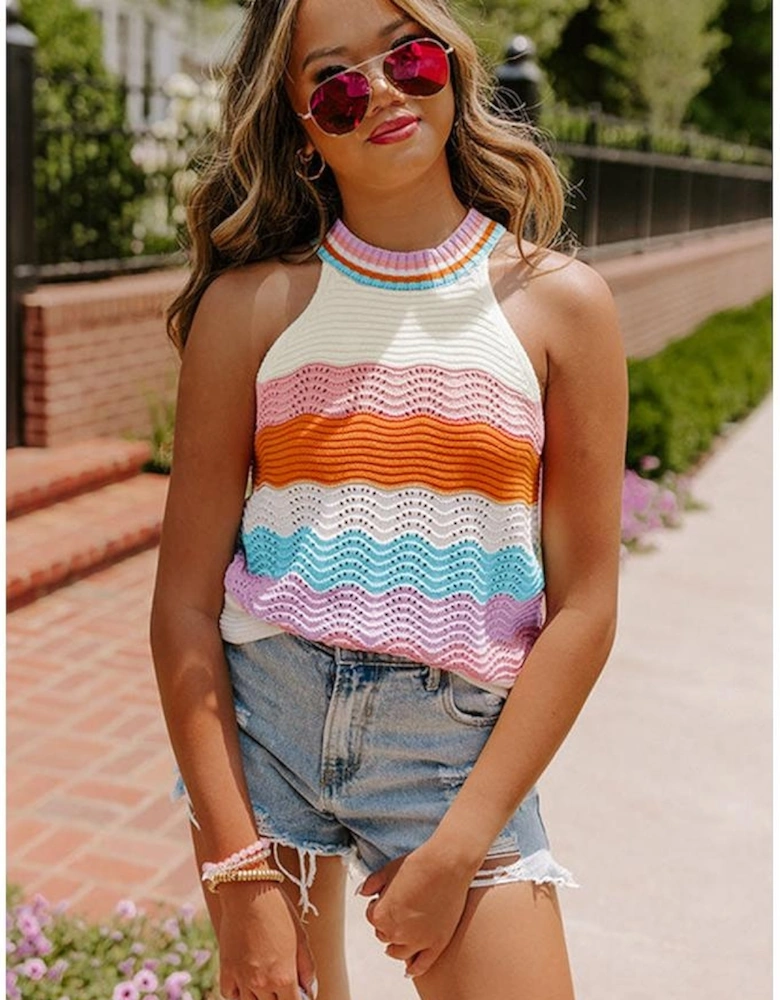 Multicolour Wavy Striped Print Textured Knit Sleeveless Sweater Top