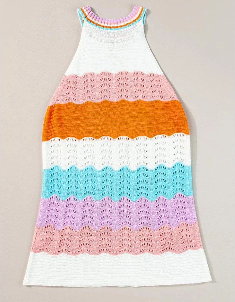 Multicolour Wavy Striped Print Textured Knit Sleeveless Sweater Top