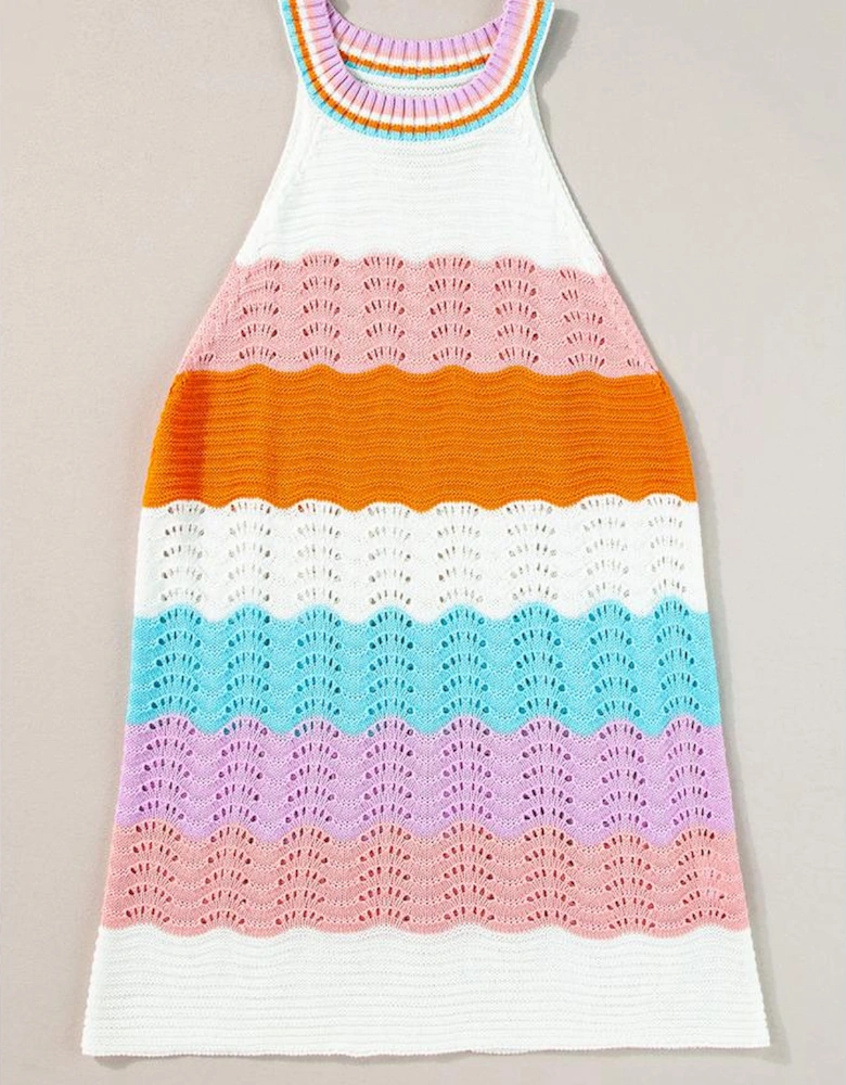 Multicolour Wavy Striped Print Textured Knit Sleeveless Sweater Top