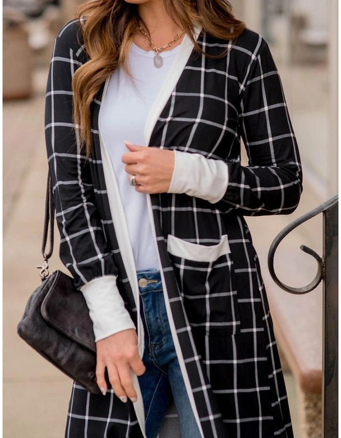 Black Plaid Colorblock Edge Open Cardigan with Pocket