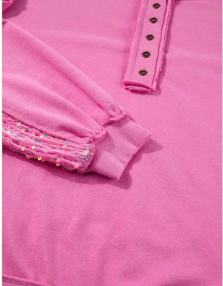 Bonbon Sequin Patchwork High Low Hem Henley Sweatshirt