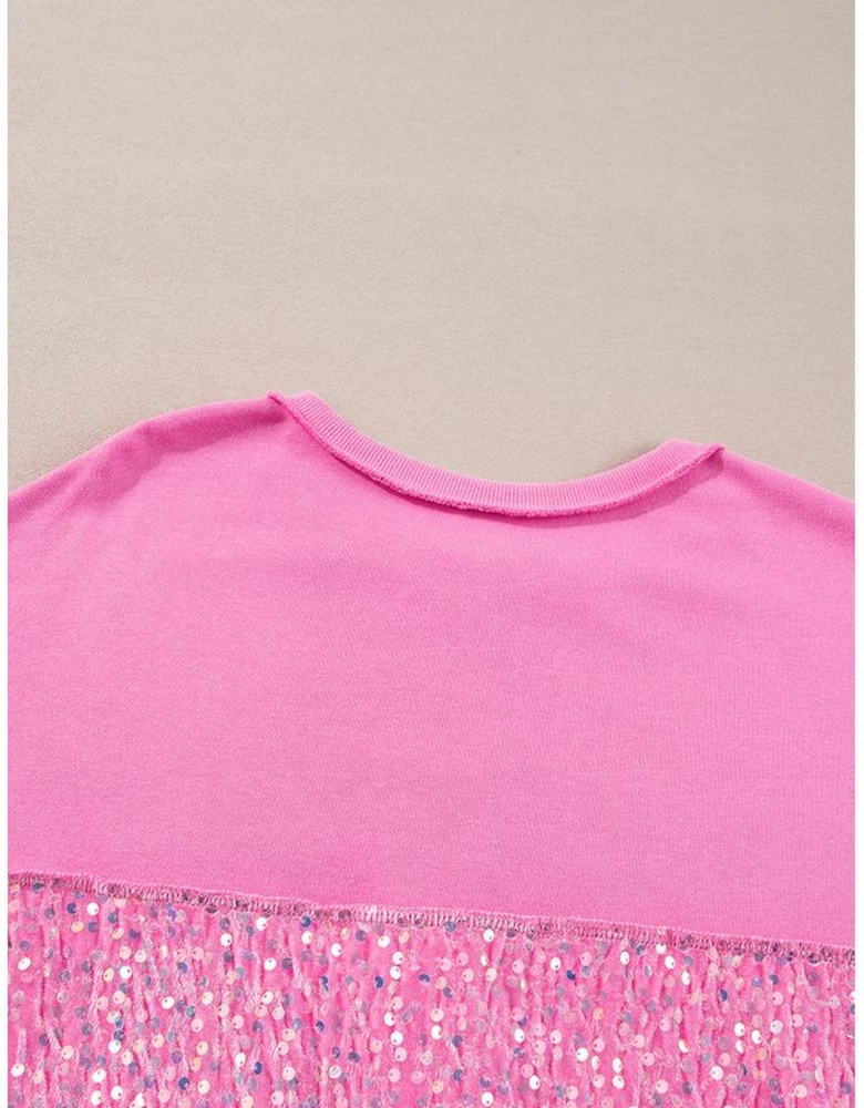 Bonbon Sequin Patchwork High Low Hem Henley Sweatshirt