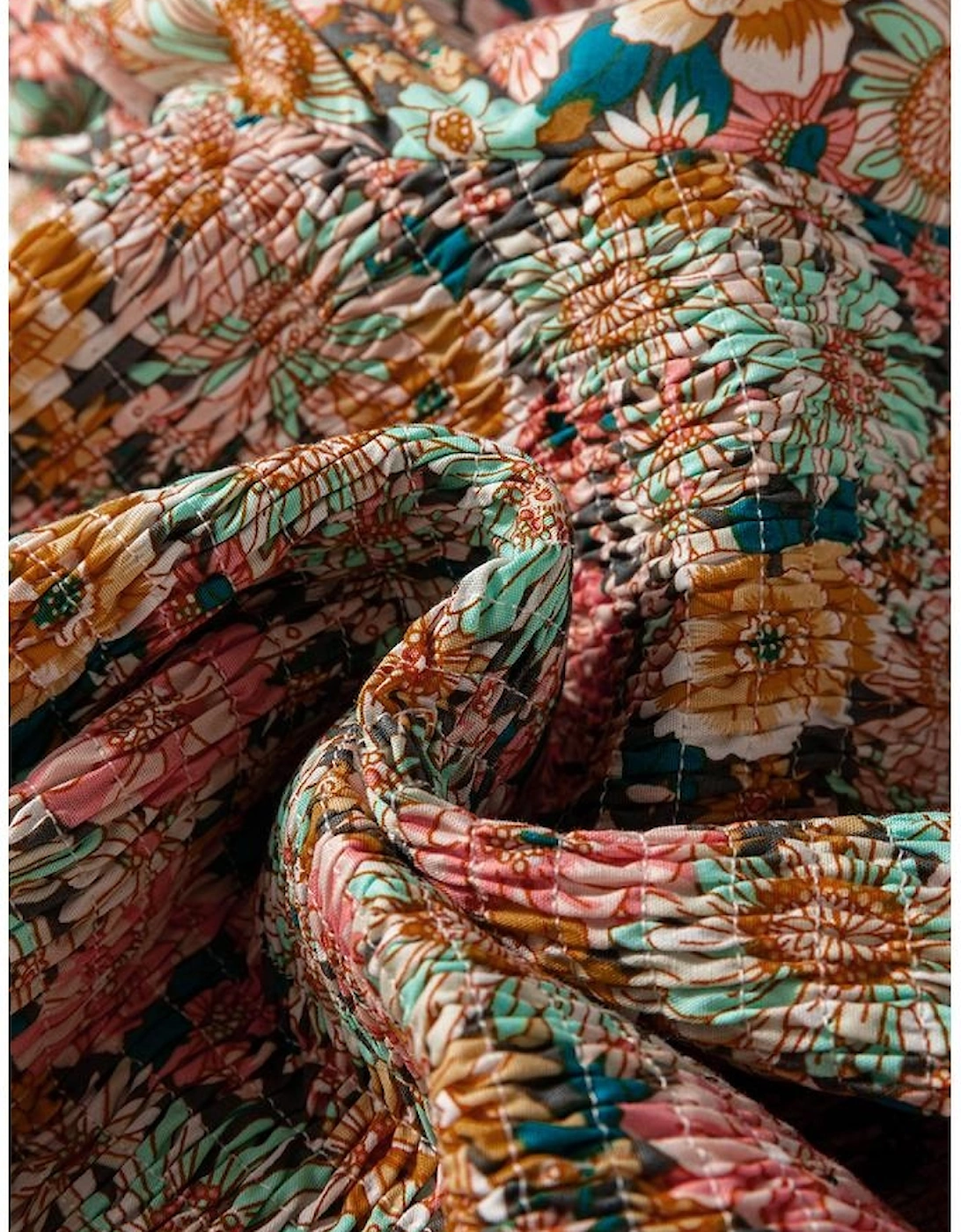 Yellow Floral Print Smocked Bubble Sleeve Ruffled Crop Top, 14 of 13