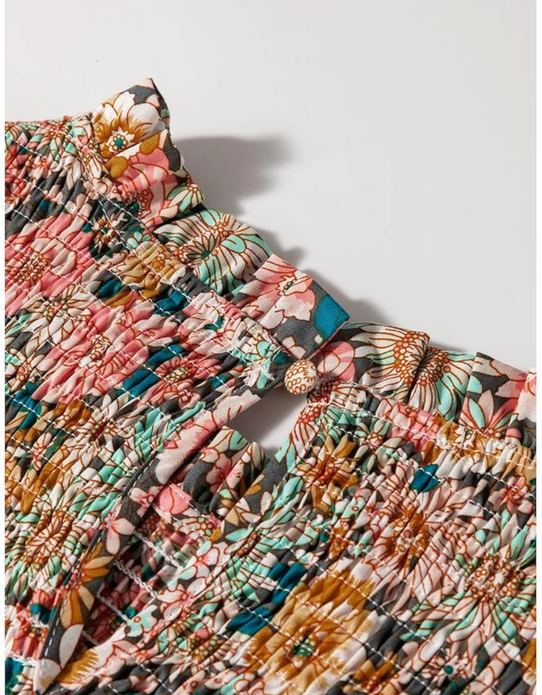 Yellow Floral Print Smocked Bubble Sleeve Ruffled Crop Top