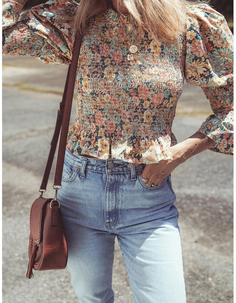 Yellow Floral Print Smocked Bubble Sleeve Ruffled Crop Top