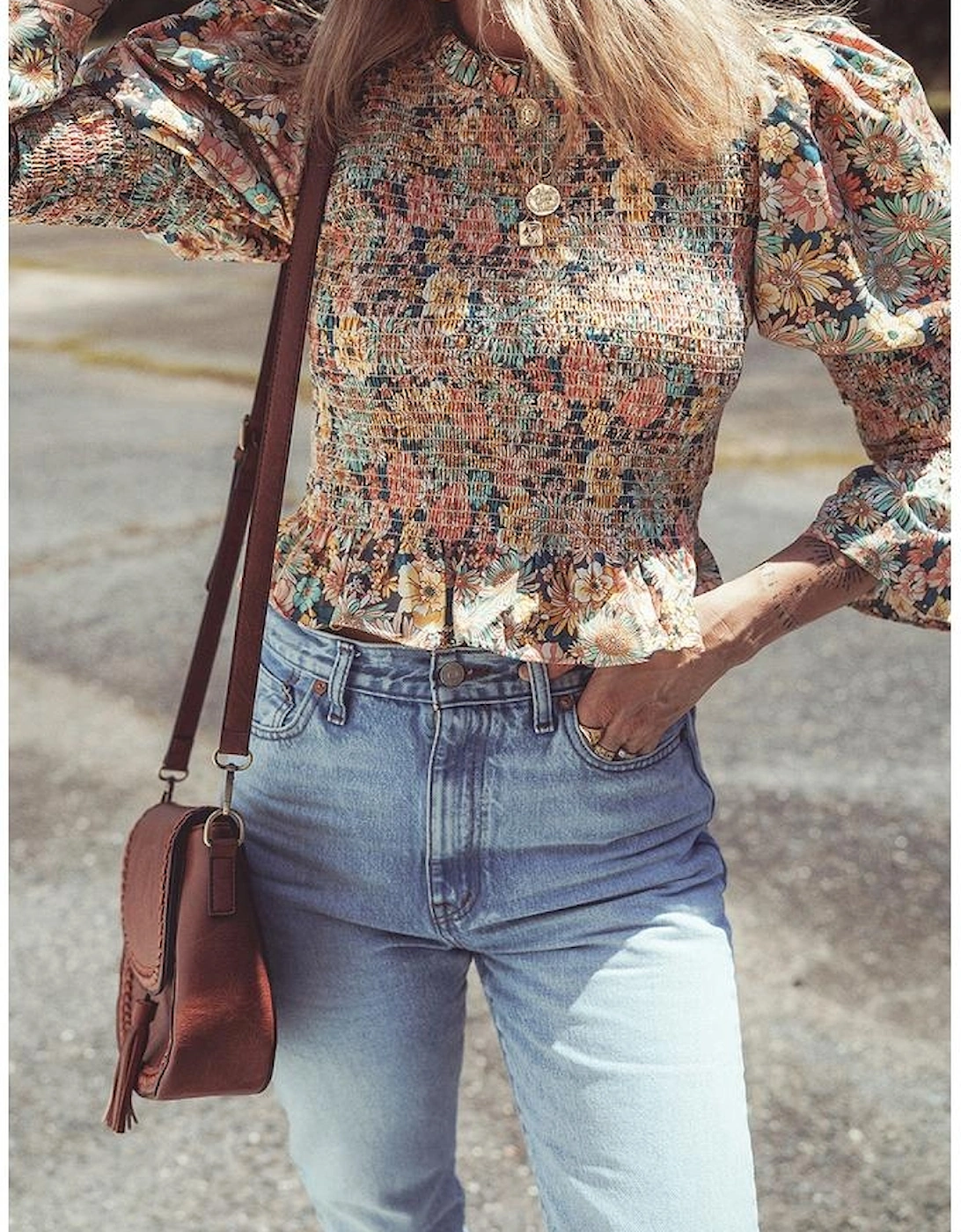 Yellow Floral Print Smocked Bubble Sleeve Ruffled Crop Top