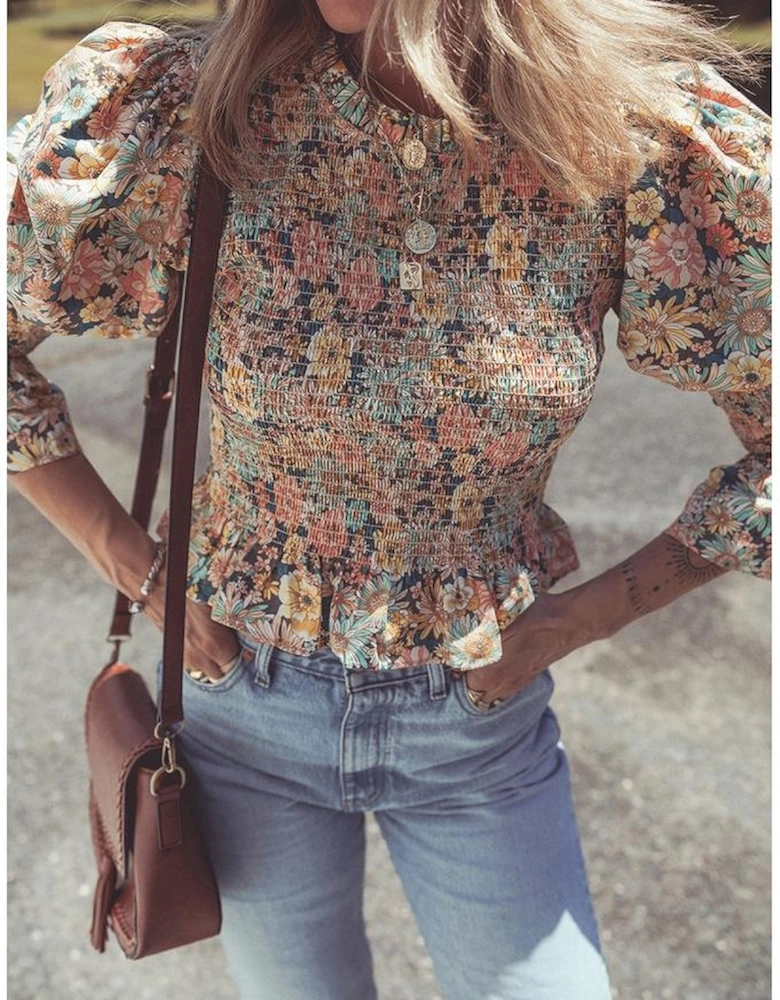 Yellow Floral Print Smocked Bubble Sleeve Ruffled Crop Top