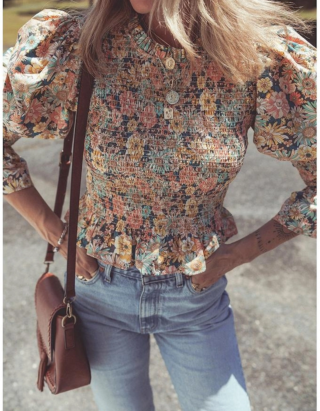 Yellow Floral Print Smocked Bubble Sleeve Ruffled Crop Top