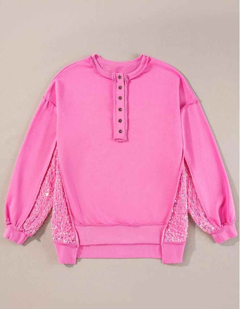 Bonbon Sequin Patchwork High Low Hem Henley Sweatshirt
