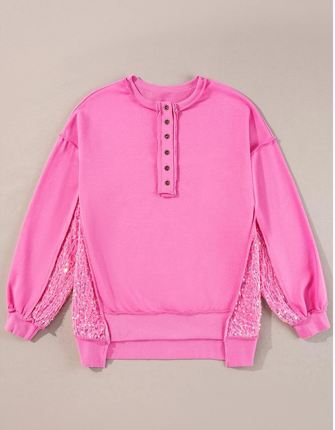 Bonbon Sequin Patchwork High Low Hem Henley Sweatshirt