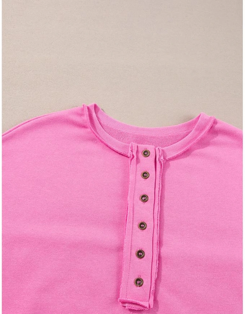 Bonbon Sequin Patchwork High Low Hem Henley Sweatshirt