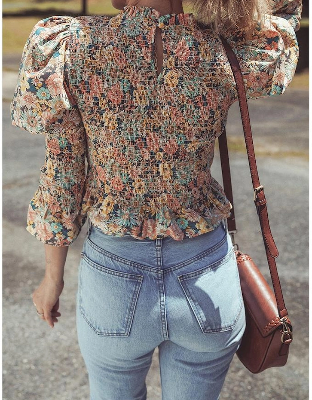 Yellow Floral Print Smocked Bubble Sleeve Ruffled Crop Top