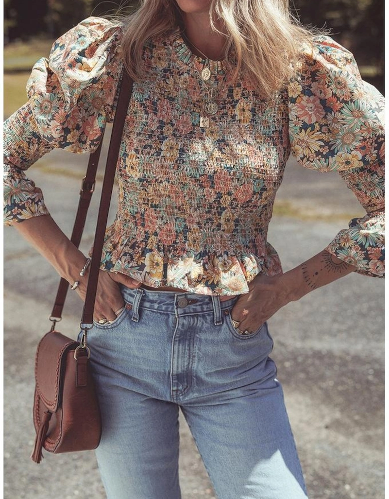 Yellow Floral Print Smocked Bubble Sleeve Ruffled Crop Top
