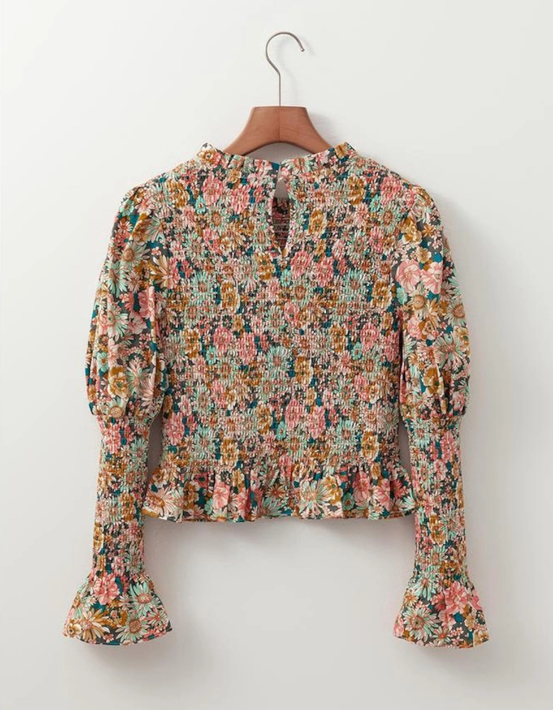 Yellow Floral Print Smocked Bubble Sleeve Ruffled Crop Top
