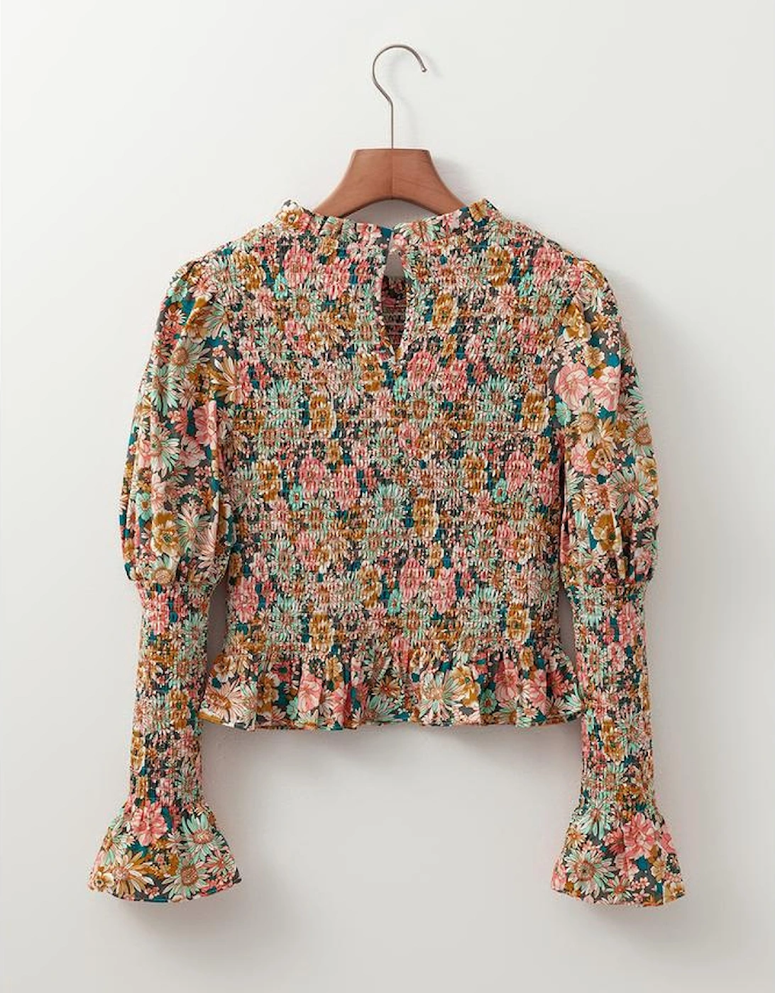 Yellow Floral Print Smocked Bubble Sleeve Ruffled Crop Top