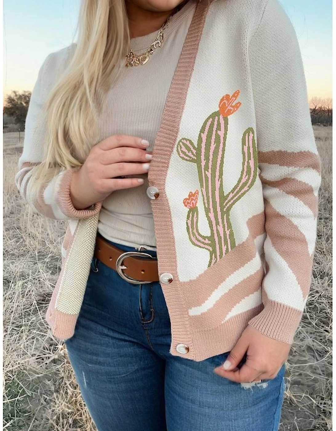 Apricot Western Desert Cactus Print Plus Size Button Cardigan Sweater