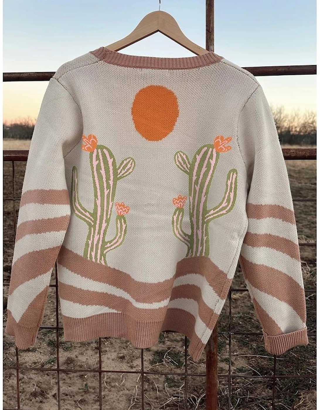 Apricot Western Desert Cactus Print Plus Size Button Cardigan Sweater, 3 of 2