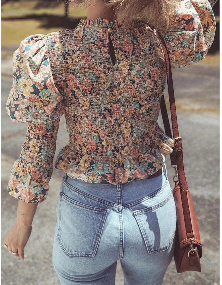 Yellow Floral Print Smocked Bubble Sleeve Ruffled Crop Top