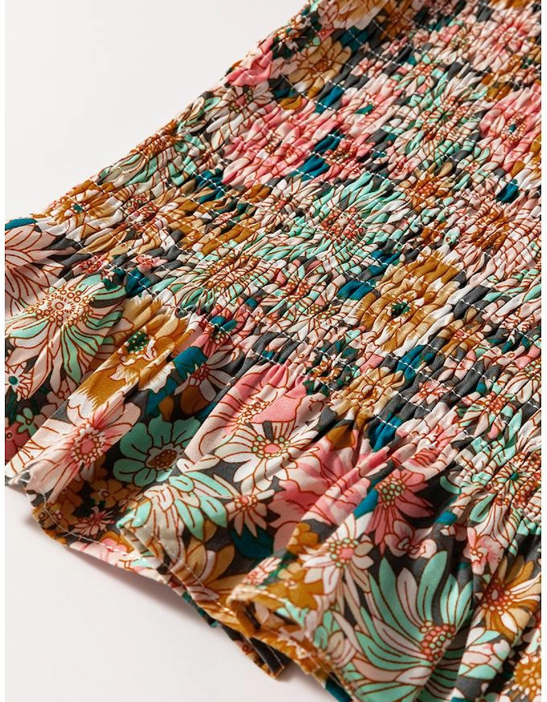 Yellow Floral Print Smocked Bubble Sleeve Ruffled Crop Top