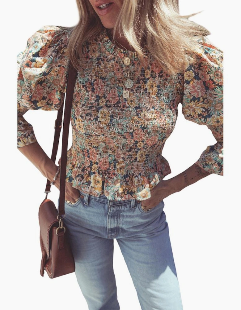 Yellow Floral Print Smocked Bubble Sleeve Ruffled Crop Top