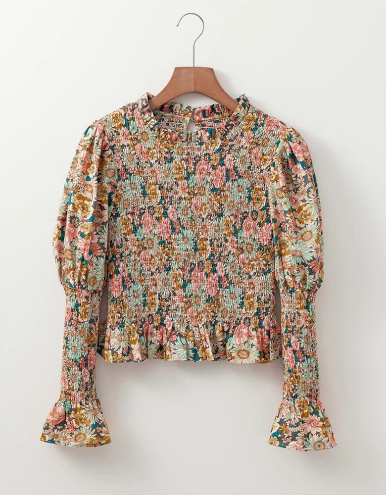 Yellow Floral Print Smocked Bubble Sleeve Ruffled Crop Top