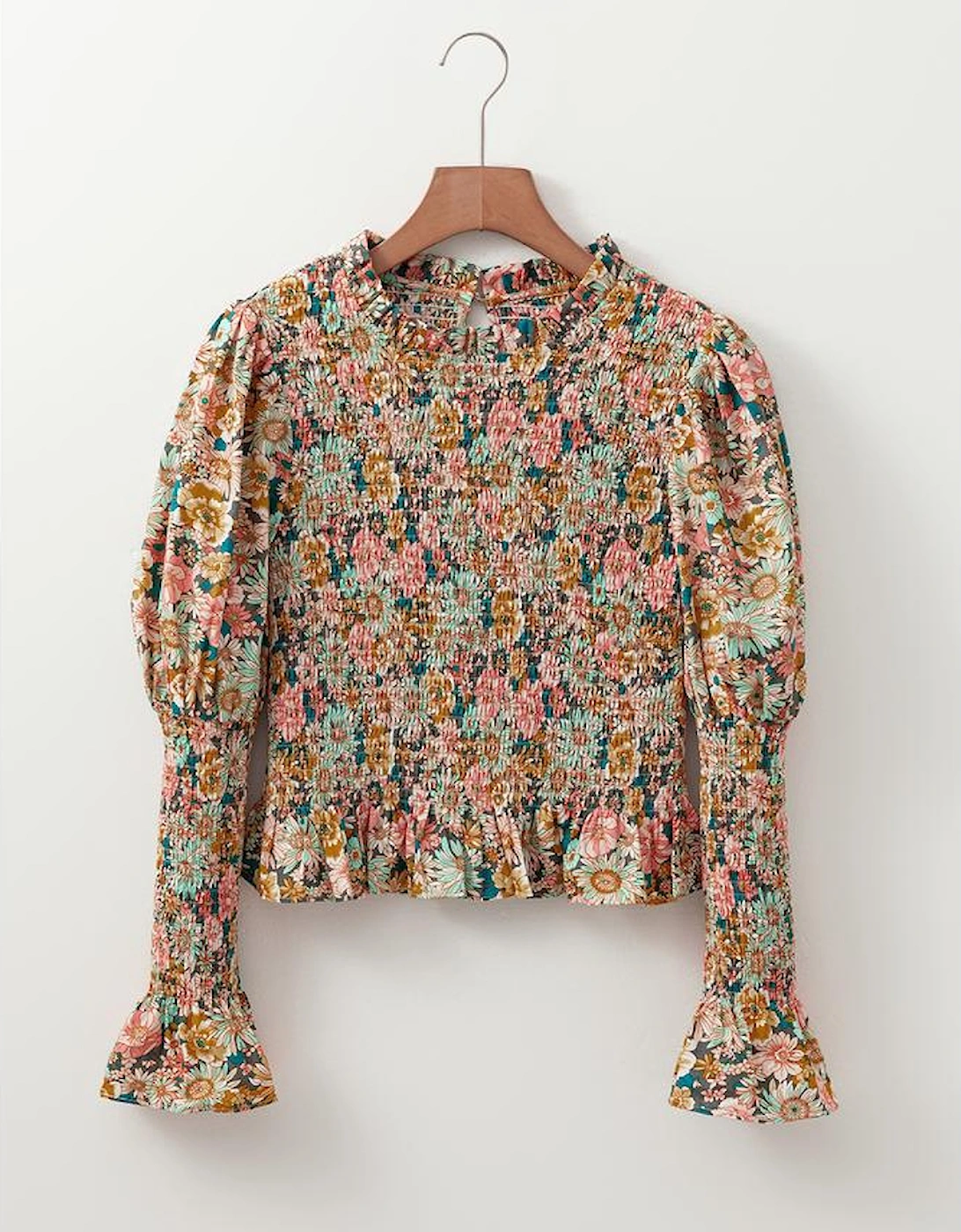 Yellow Floral Print Smocked Bubble Sleeve Ruffled Crop Top