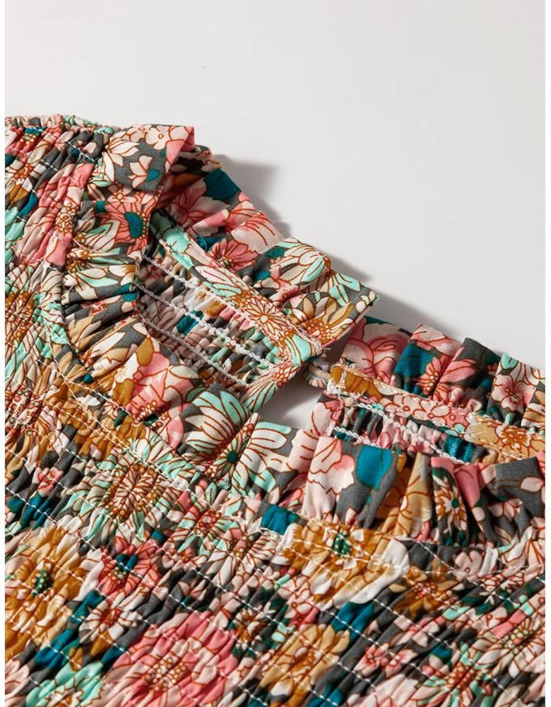 Yellow Floral Print Smocked Bubble Sleeve Ruffled Crop Top