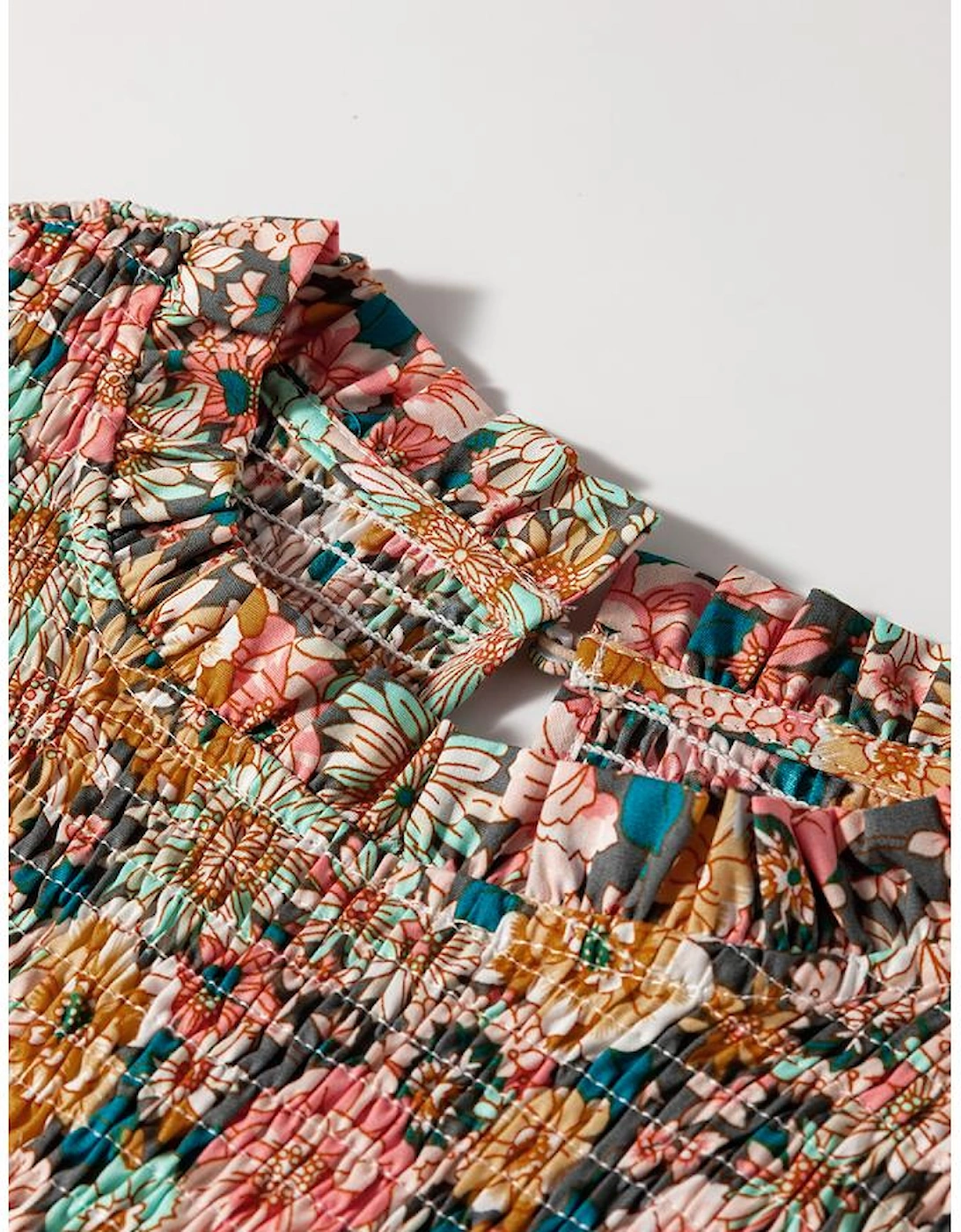 Yellow Floral Print Smocked Bubble Sleeve Ruffled Crop Top