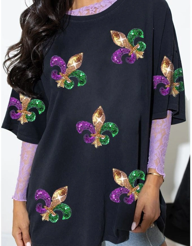 Black Mardi Gras Symbol Patched Crewneck T Shirt