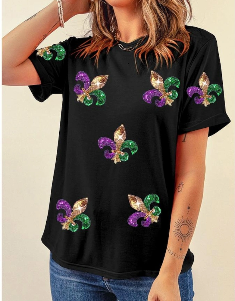 Black Mardi Gras Symbol Patched Crewneck T Shirt