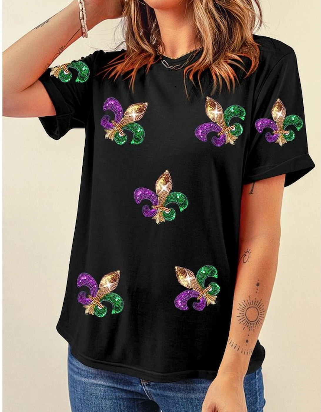 Black Mardi Gras Symbol Patched Crewneck T Shirt