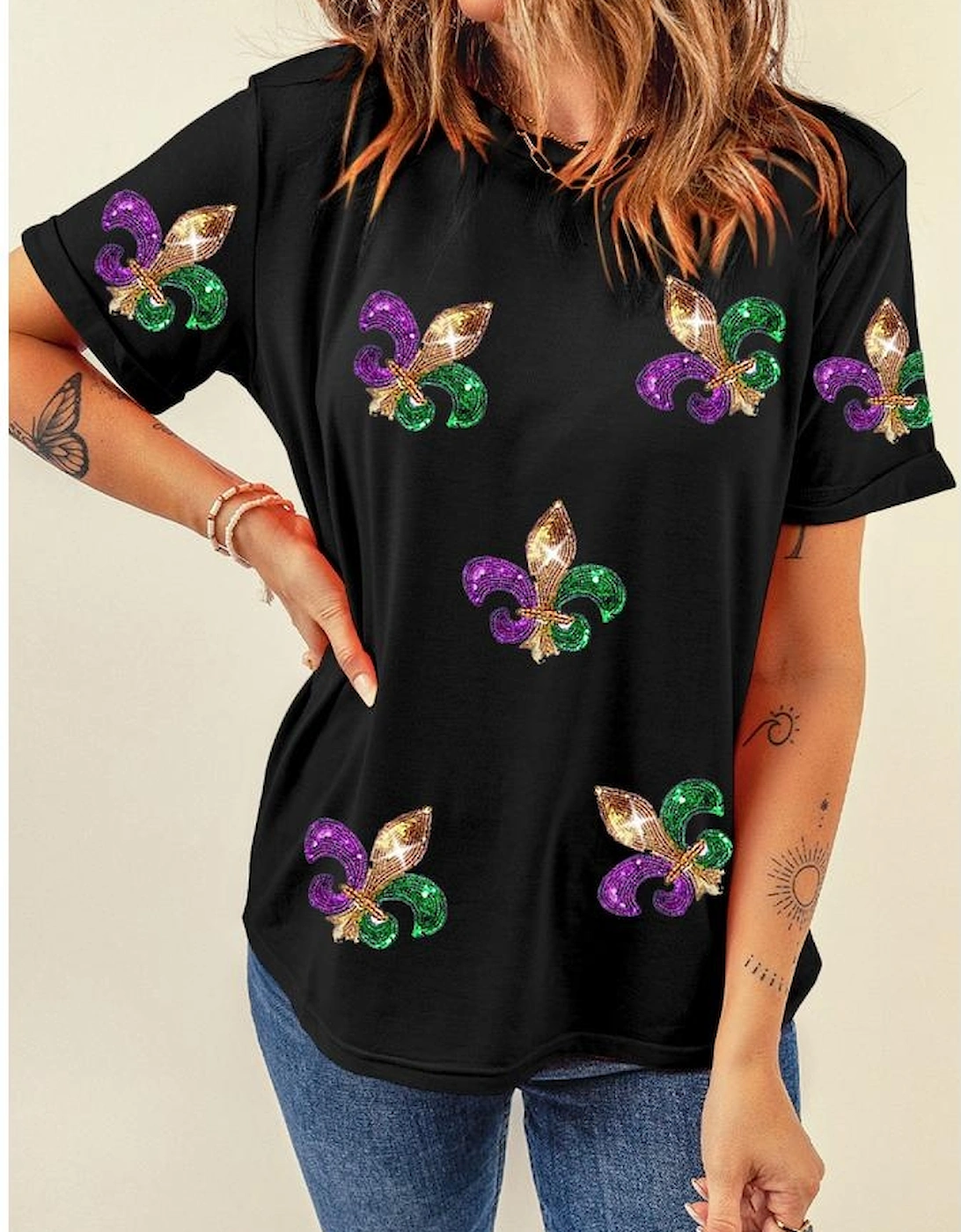 Black Mardi Gras Symbol Patched Crewneck T Shirt