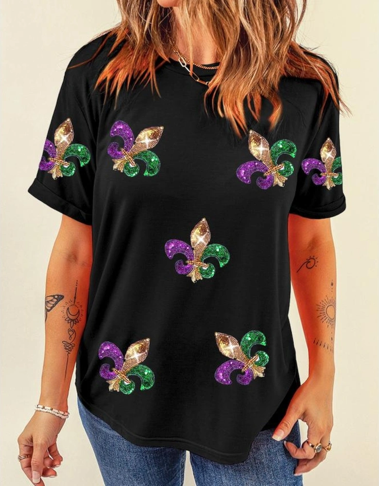 Black Mardi Gras Symbol Patched Crewneck T Shirt