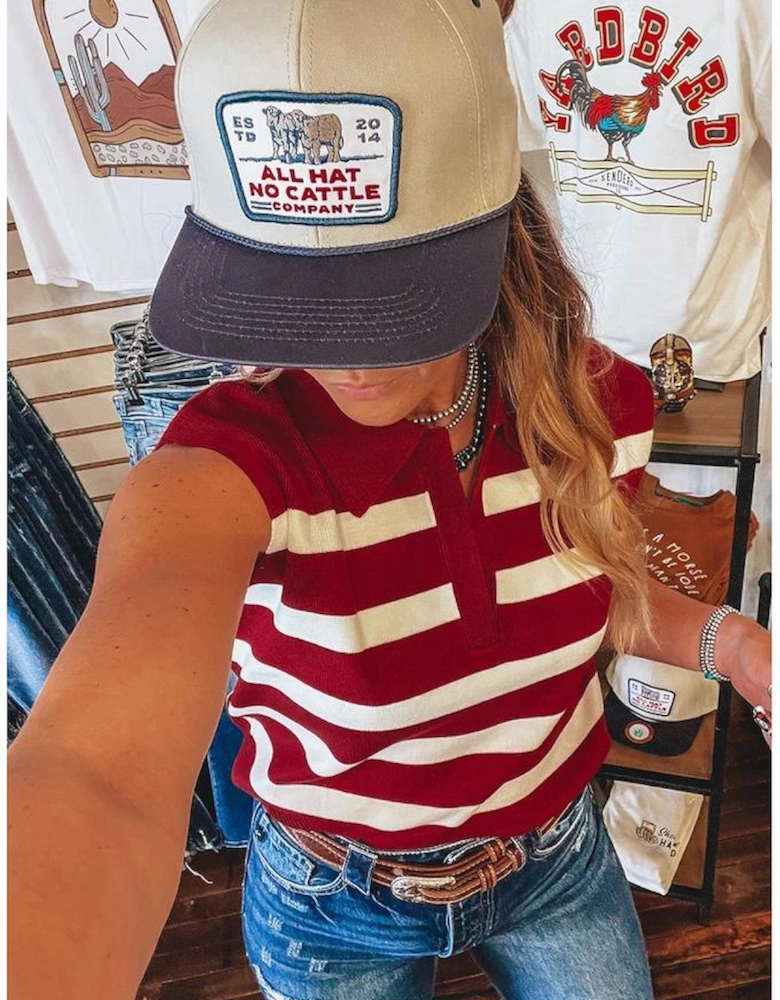 Red Stripe Collared Split Neck Sweater Vest